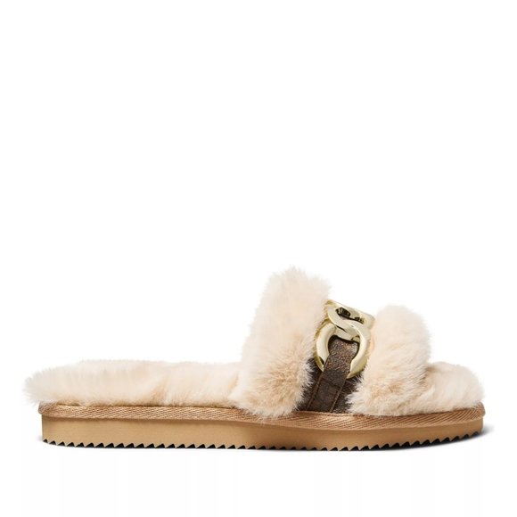 New! MICHAEL KORS Women's Scarlett Chain-trim Slippers Sandals Shoe Camel Multi - Picture 2 of 8